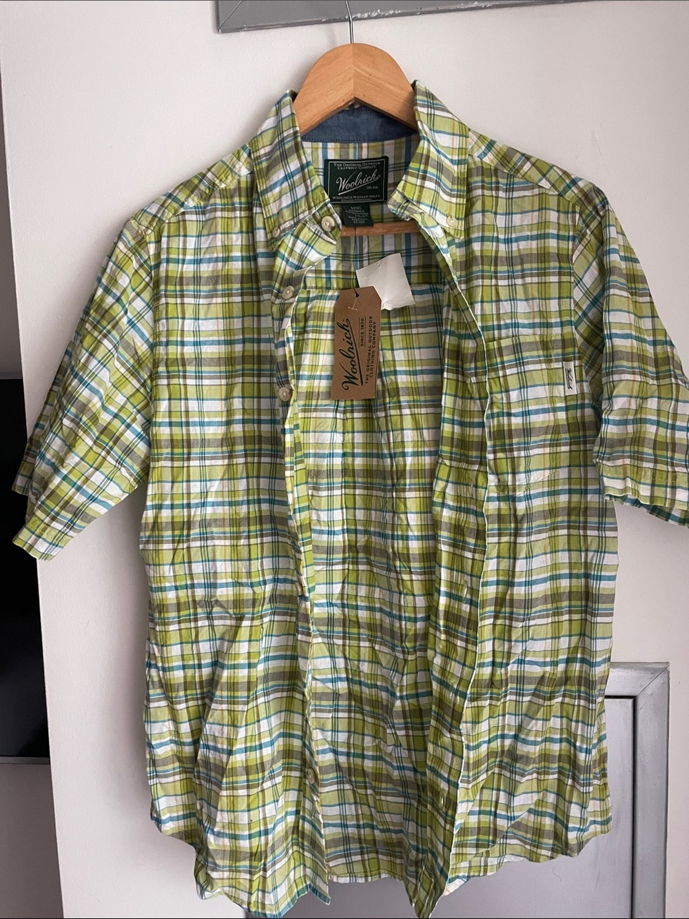 Woolrich Men’s Lime and White Plaid Short-Sleeve Button-Down Shirt